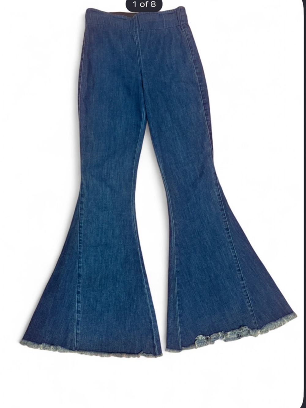Show Me Your Mumu Sz L Berkeley Bells Long High-Waist  Blue Flared Jeans Raw Hem